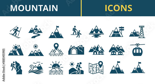 Collection of mountain icons featuring various adventure and travel elements in a simple graphic style
