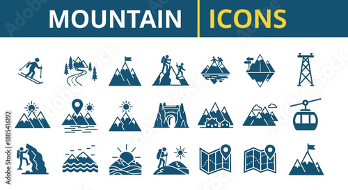 Collection of Mountain Icons Featuring Various Landmarks and Activities