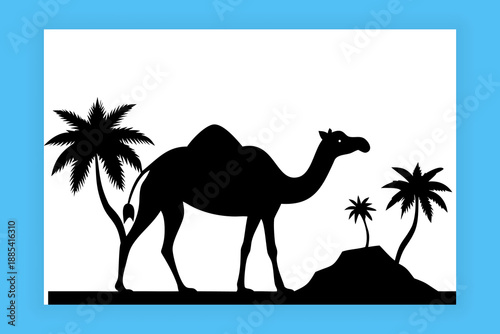 Camel walking across desert dunes with palm tree sand. Vector silhouette camel resting under palm tree illustration. Camel Silhouette in Desert with Palm Trees Minimal Illustration.