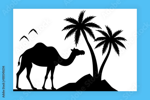 Camel walking across desert dunes with palm tree sand. Vector silhouette camel resting under palm tree illustration. Camel Silhouette in Desert with Palm Trees Minimal Illustration.