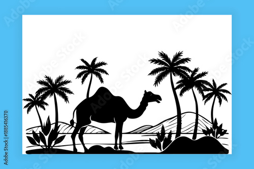 Camel walking across desert dunes with palm tree sand. Vector silhouette camel resting under palm tree illustration. Camel Silhouette in Desert with Palm Trees Minimal Illustration.