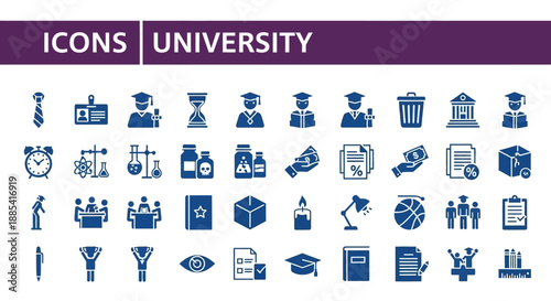 Collection of education and university icons in blue tone, featuring various symbols and elements, vector illustration, university setting, flat design, icons collection