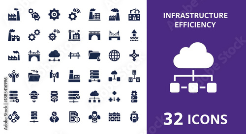 Collection of various infrastructure efficiency icons displayed on a split background with a prominent cloud icon