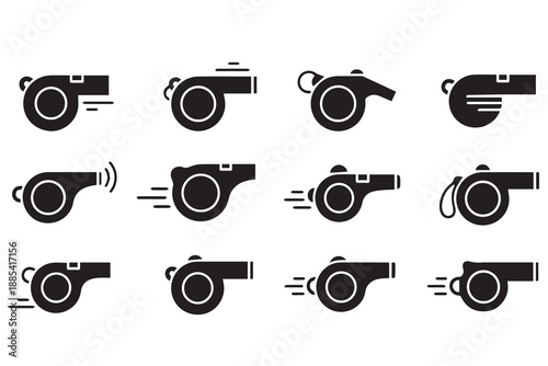 Referee Whistle Icon Set - Sports Whistle Vector Silhouettes for Coach and Training