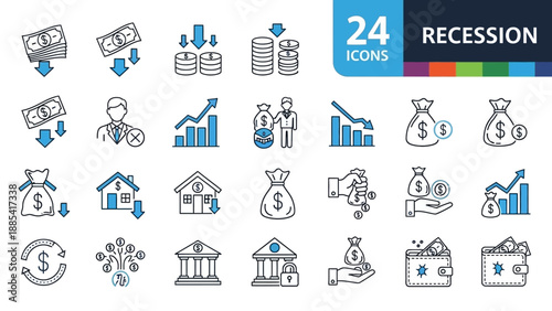 Collection of financial icons representing recession with various symbols and graphics