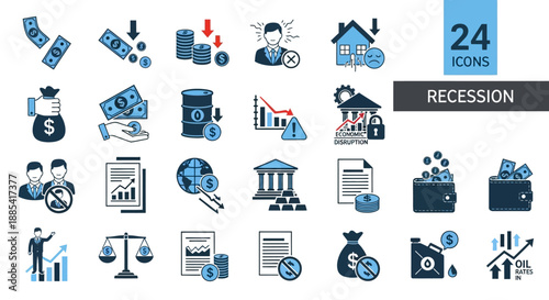 Collection of icons depicting financial concepts and recession indicators in a digital illustration style