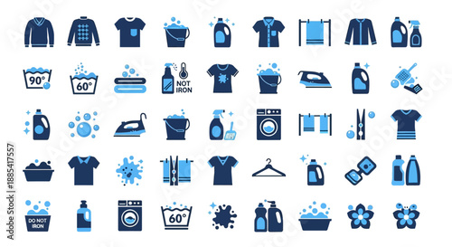 Collection of laundry and clothing icons in various shades of blue, displayed on a clean background, viewed from directly above