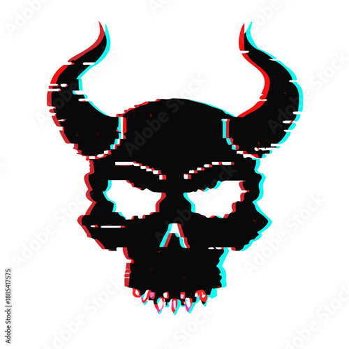 Glitch effect horned skull silhouette isolated on white background with abstract digital distortion