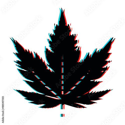Glitch effect black leaf silhouette isolated on white background with abstract digital distortion