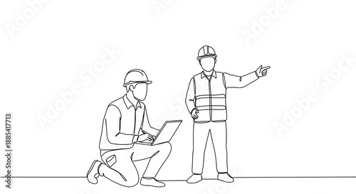 Single Line Drawing of Two Construction Workers Discussing Plans with Tablet Safety Concept

