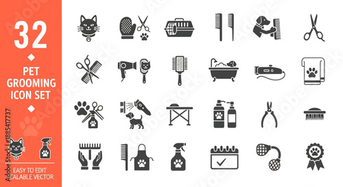 Pet grooming icon set collection featuring various grooming tools and pets in a simple vector illustration style