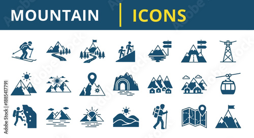 Collection of Mountain Icons Featuring Hiking, Climbing, and Adventure Activities in Various Landscapes