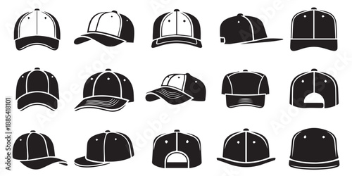 Baseball Cap Icon Set, Snapback Hat Silhouettes, Sports Apparel Headwear Vector Graphics