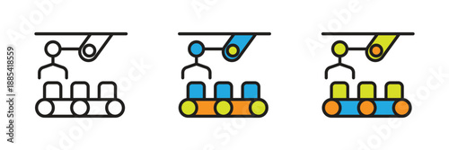 Factory Monitoring Icon. A vector icon of a worker overseeing an automated conveyor belt system, symbolizing human-machine collaboration and industrial production line management.