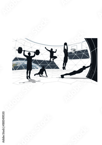 Low Gravity Sports Silhouette, Moon Base Lunar Gym Exercise, Future Space Tourism Fitness and Athletic Performance Vector Graphic