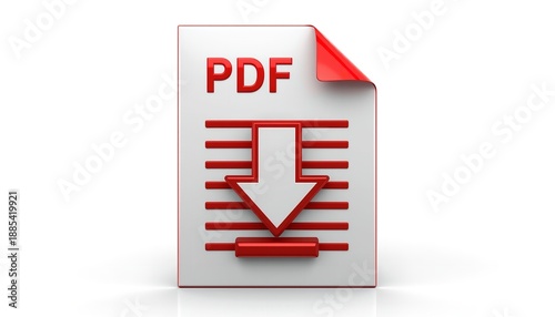 A 3D illustration of a PDF document with a red download icon on a white background