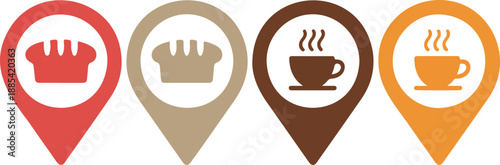 Food and Beverage Location Icons  Restaurant, Bakery, Coffee Shop, and Fast Drink Pins
