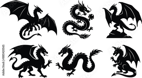  2026 Premium Dragon Animals Black Silhouettes Vector Logo Template Collection - 6 Pack Tribal Tattoo Style & Fantasy Mythical Creature Emblems Set for Branding and Design