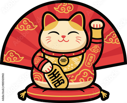 Lucky Cat Maneki Neko Chinese New Year Vector Illustration. in Chinese New Year theme. Flat cartoon style with red and gold traditional colors symbolizing luck, prosperity, wealth, and fortune.