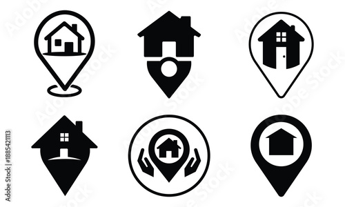 Versatile Collection of Real Estate Location Pin Icons Featuring Minimalist House Designs for Property Mapping, Navigation Apps, Urban Planning, and Residential Marketing Graphic Assets.