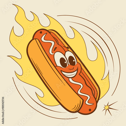 Smiling cartoon hot dog with mustard and relish is surrounded by stylized flames and motion lines in a vintage style.