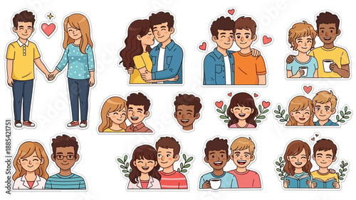 Set of diverse cartoon couples showing love and affection through various interactions.
