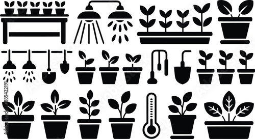 Collection of black silhouette icons depicting various gardening tools and potted plants for home growing