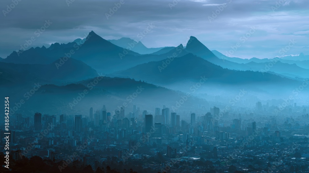 Fototapeta premium A foggy morning skyline appears with layered mountains in the background. Cinematic atmosphere and calm urban awakening.