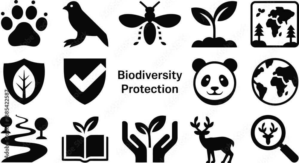 Fototapeta premium Collection of black silhouette icons representing biodiversity protection and ecological conservation concepts