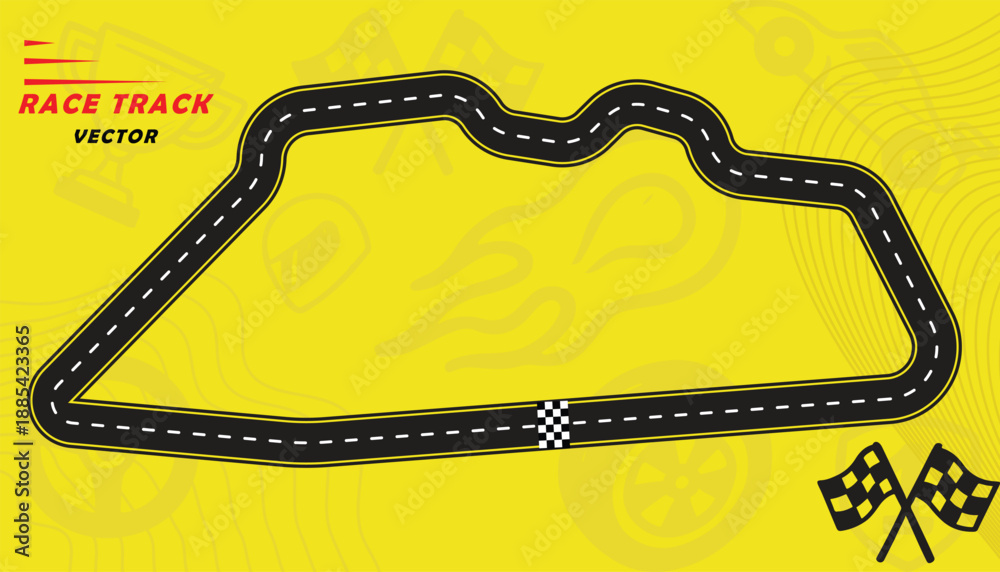 Fototapeta premium Creative vector illusion of race track isolated on yellow background. Speed race track design with creative icons.