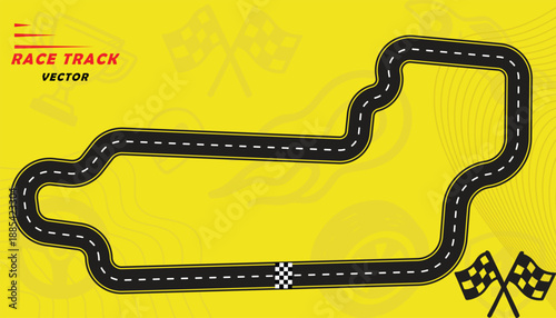 Creative vector illusion of race track isolated on yellow background. Speed race track design with creative icons.