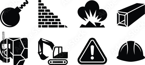 Collection of dark silhouette icons representing construction, demolition, hazard warnings, and safety equipment