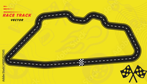 Creative vector illusion of race track isolated on yellow background. Speed race track design with creative icons.