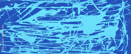 Abstract paint splash background with textured brush marks, retro halftone patterns. Sporty wall backdrop with spray effects, and grainy overlays perfect for graphic design project. Vector blue bg.