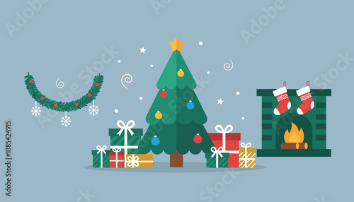 Cozy flat design illustration of Christmas tree wrapped gifts and fireplace with hanging stockings