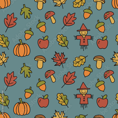 Cute seamless pattern with autumn harvest elements pumpkin leaves acorns apple and scarecrow illustration