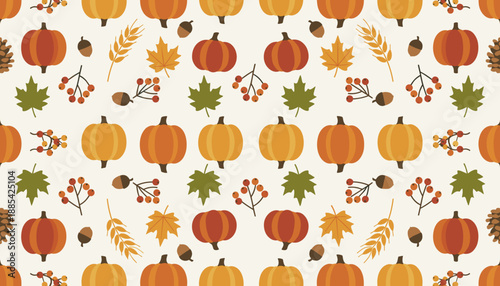 Autumn seamless pattern featuring pumpkins leaves acorns and berries on a beige background
