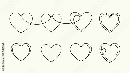 Minimalist heart icons in black outline style with some interconnected by thin lines for romance and wedding themed designs.