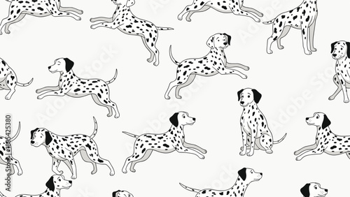 Dalmatian dog breed pattern features the spotted pets in playful and active poses on a neutral white background for animal themes.