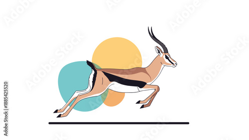 Gazelle leaping across the frame with abstract colorful circles in the background creates a dynamic and modern wildlife illustration.