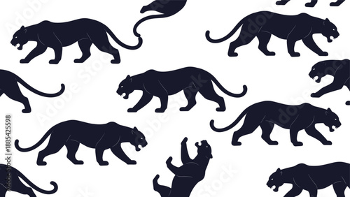 Elegant seamless pattern featuring dark blue or black silhouettes of walking panthers or jaguars distributed evenly across a white surface.