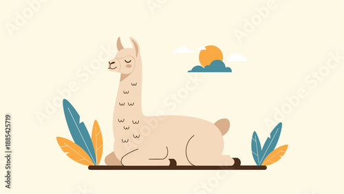 Peaceful illustration of a llama sitting on the ground surrounded by colorful autumn leaves under a sunny sky with clouds in the mountains.