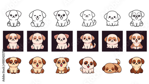 Diverse collection of eighteen cute puppy illustrations in various colors and breeds shown in multiple rows and squares for pet lovers.