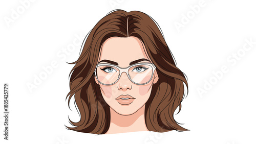 Stylish portrait illustration of a woman with long wavy brown hair wearing fashionable white-rimmed glasses against a clean white background.