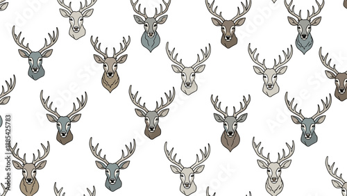 Beautiful repetitive pattern featuring detailed illustrations of stag heads with antlers in various earthy colors on a clean white surface.