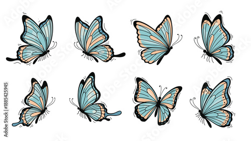 Vibrant set of eight hand-drawn butterflies in shades of blue and peach captured in various graceful flying positions.