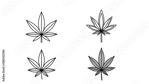 Collection of four unique cannabis leaf illustrations in black line art style showcasing different botanical detail variations.