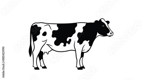 Classic black and white silhouette of a Holstein dairy cow standing in profile view against a clean white background.