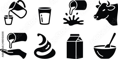 Diverse black glyph icons representing milk and various dairy products including a cow