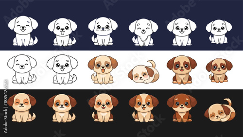 Extensive collection of small puppy illustrations in various breeds and poses shown in rows against blue, white, and black backgrounds.